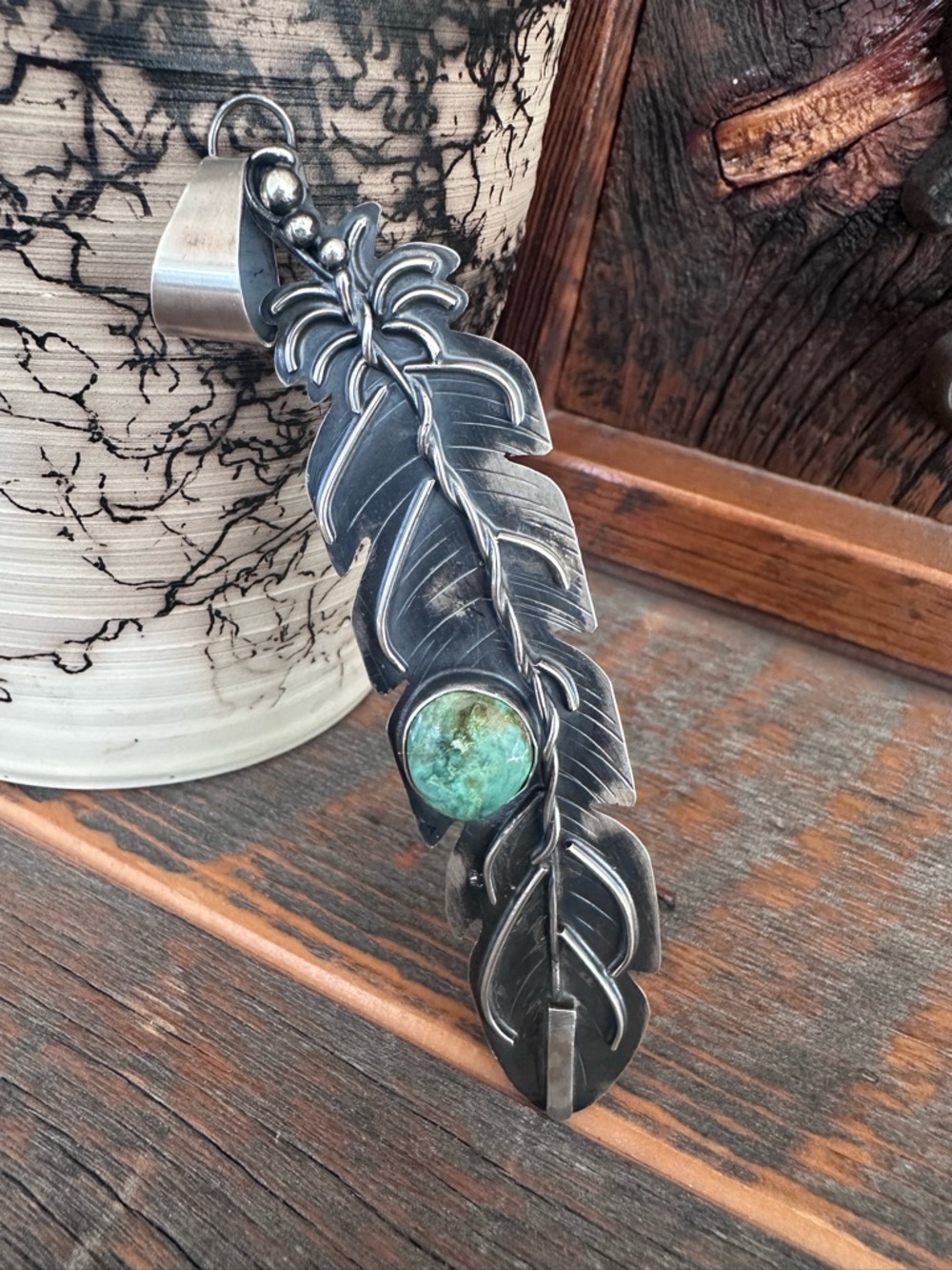 Sterling Feather Pendant with Turquoise Stone